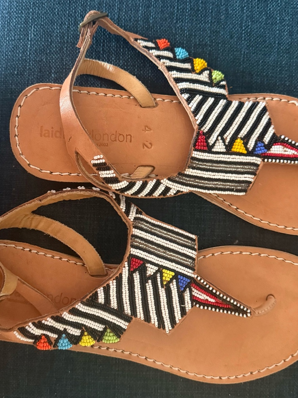 Laidback London Beaded Black & White Sandals w Bright Accents &  Tan Leather